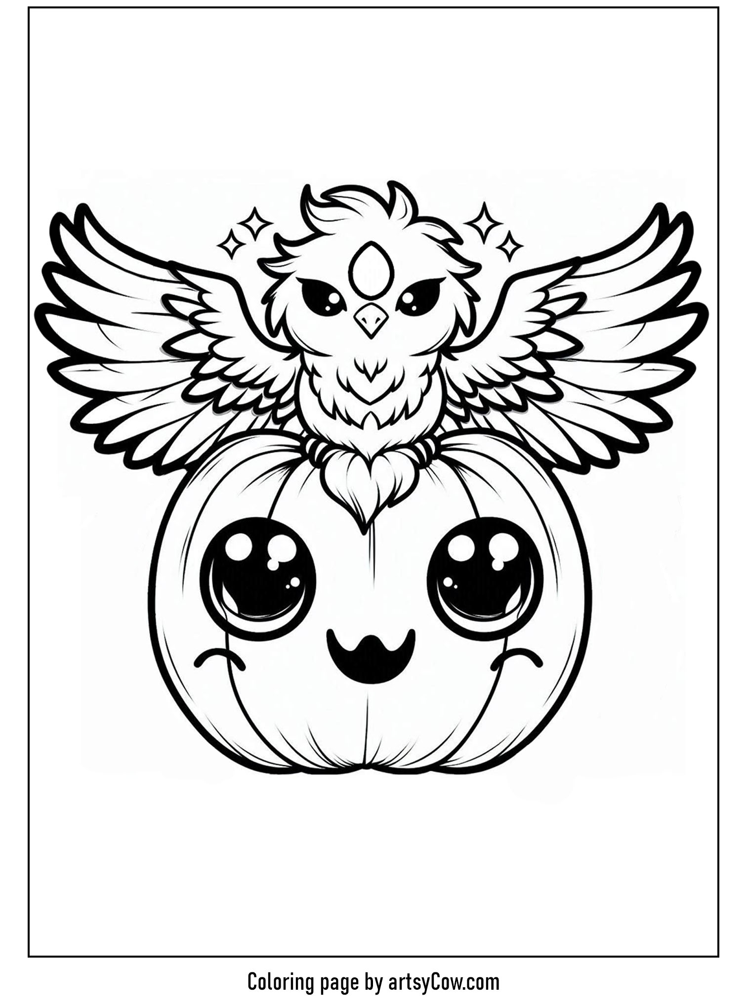 halloween coloring pages with jack-o-lantern featuring a whimsical phoenix atop a friendly jack-o'-lantern, both drawn in a playful style.